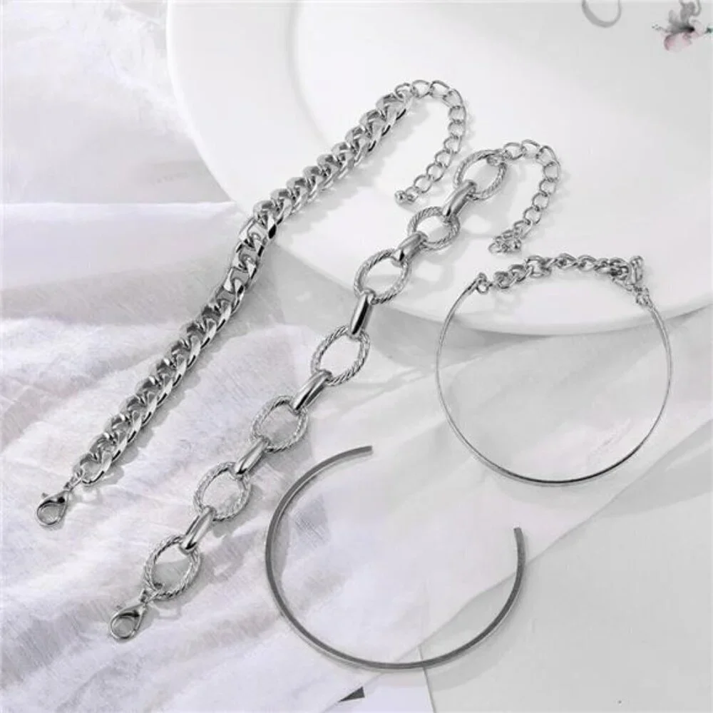 4-Piece Silver Bracelet Set for Women Chunky Chain, 2 Minimalist Cuff, and Rope